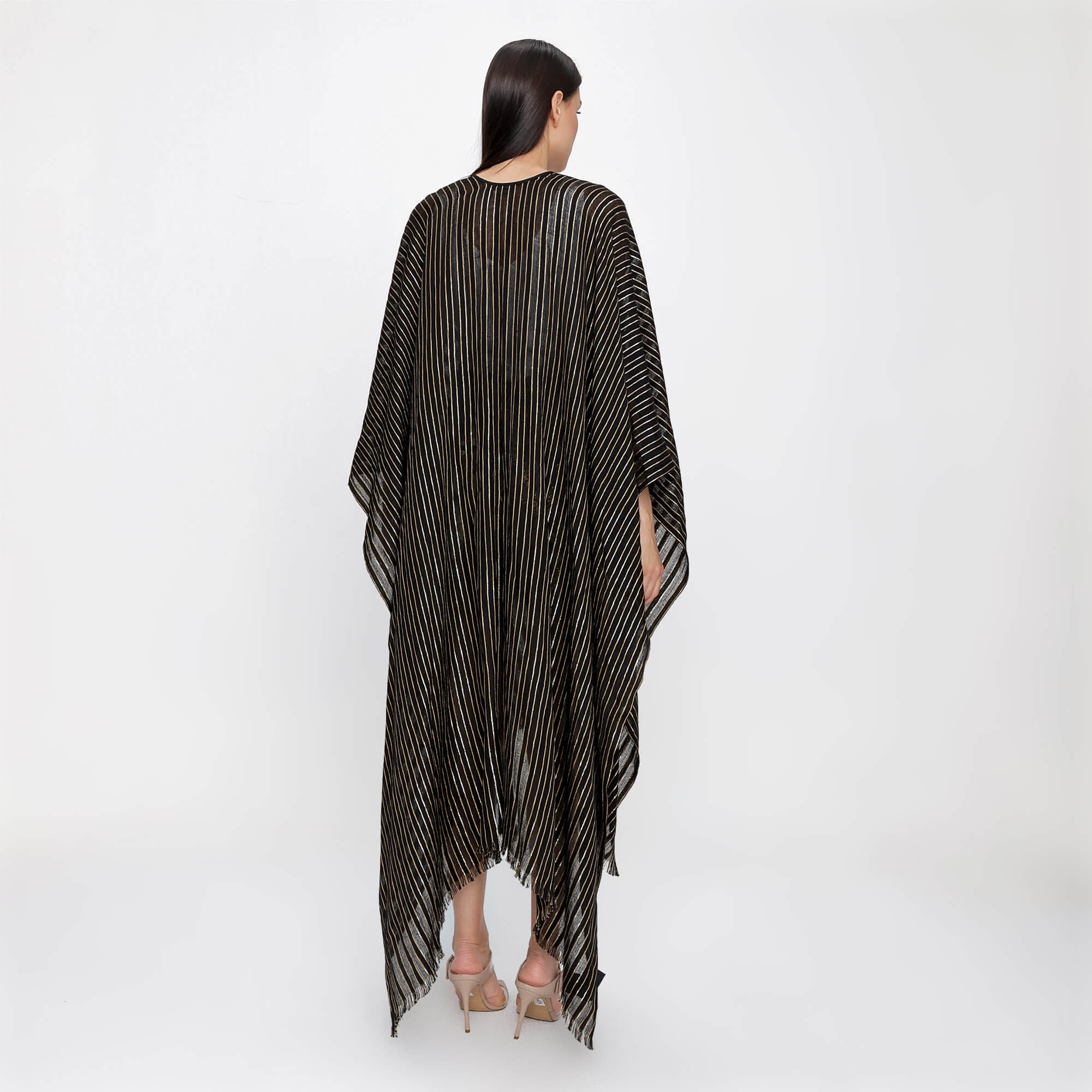 Yves Saint Laurent - Black Cashmere Blend Gold Lurex Stripes Poncho